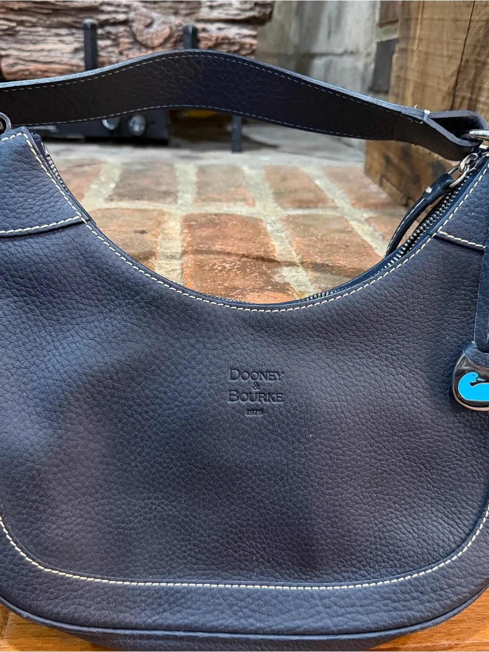 Dooney & Bourke navy Pebbled Leather Hobo with Contrast Stitching